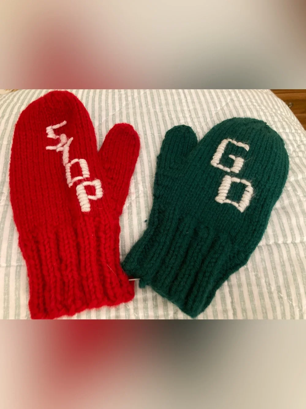 Vintage Children's Safety Mittens Hand-knitted Vibrant Red/Green